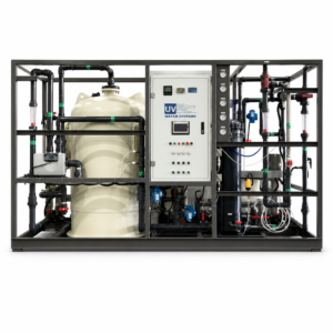 Industrial brackish water RO plant 250 m3/day skid with membrane vessels, pumps and control panel, supplied by UV Water Systems in Muscat, Oman