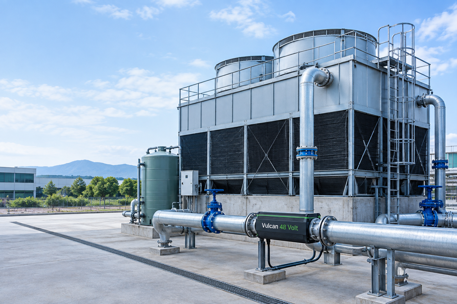 Cooling tower scale treatment Oman with Vulcan 48 Volt system on tower pipework