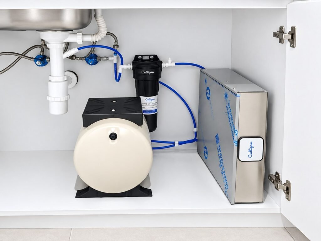 Culligan Aqua-Cleer Slim RO system with pressure tank and prefilter installed under a sink in Oman