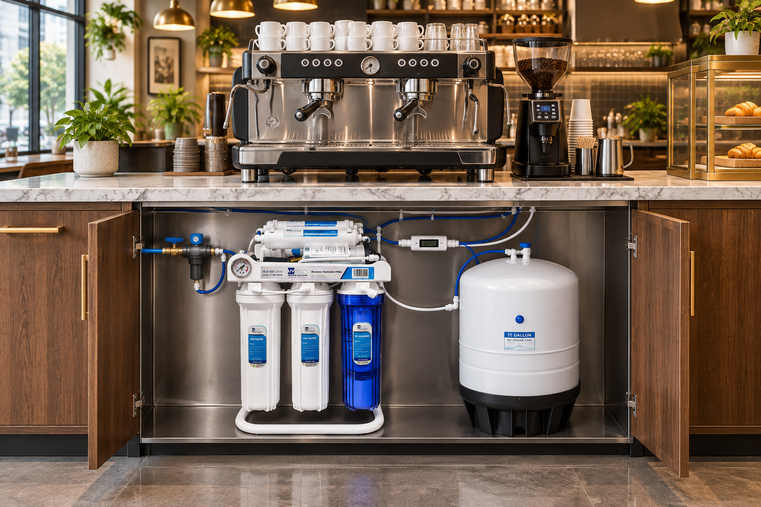 Coffee machine RO system Oman 100 GPD with 11 gallon tank under a cafe counter