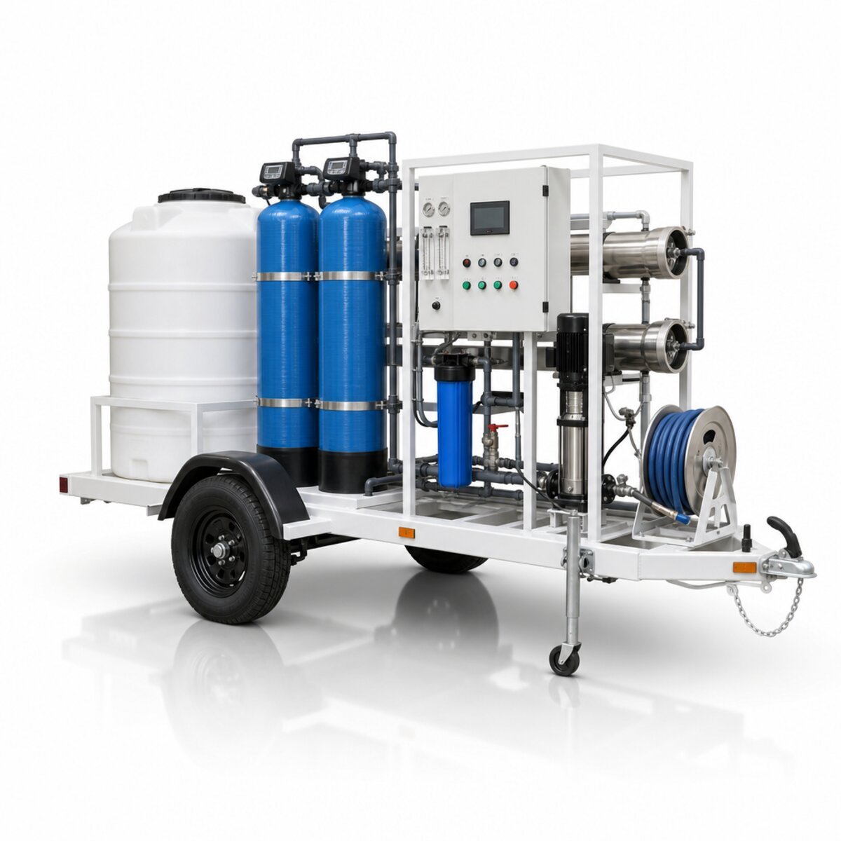 Trailer-mounted solar panel cleaning water skid with RO, DI and 1000 litre tank for sites in Oman