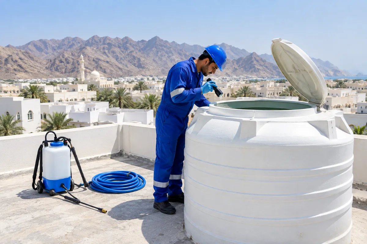 Legionella control service in Oman: technician inspecting a rooftop water tank