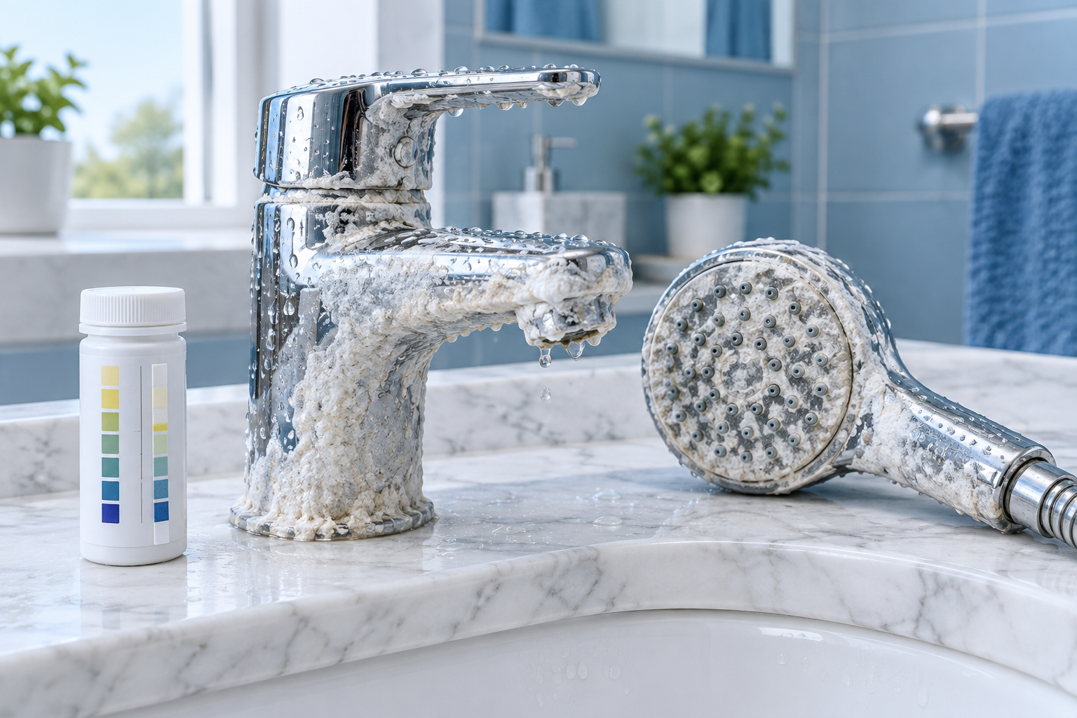 Limescale from high water TDS in Muscat on a bathroom tap