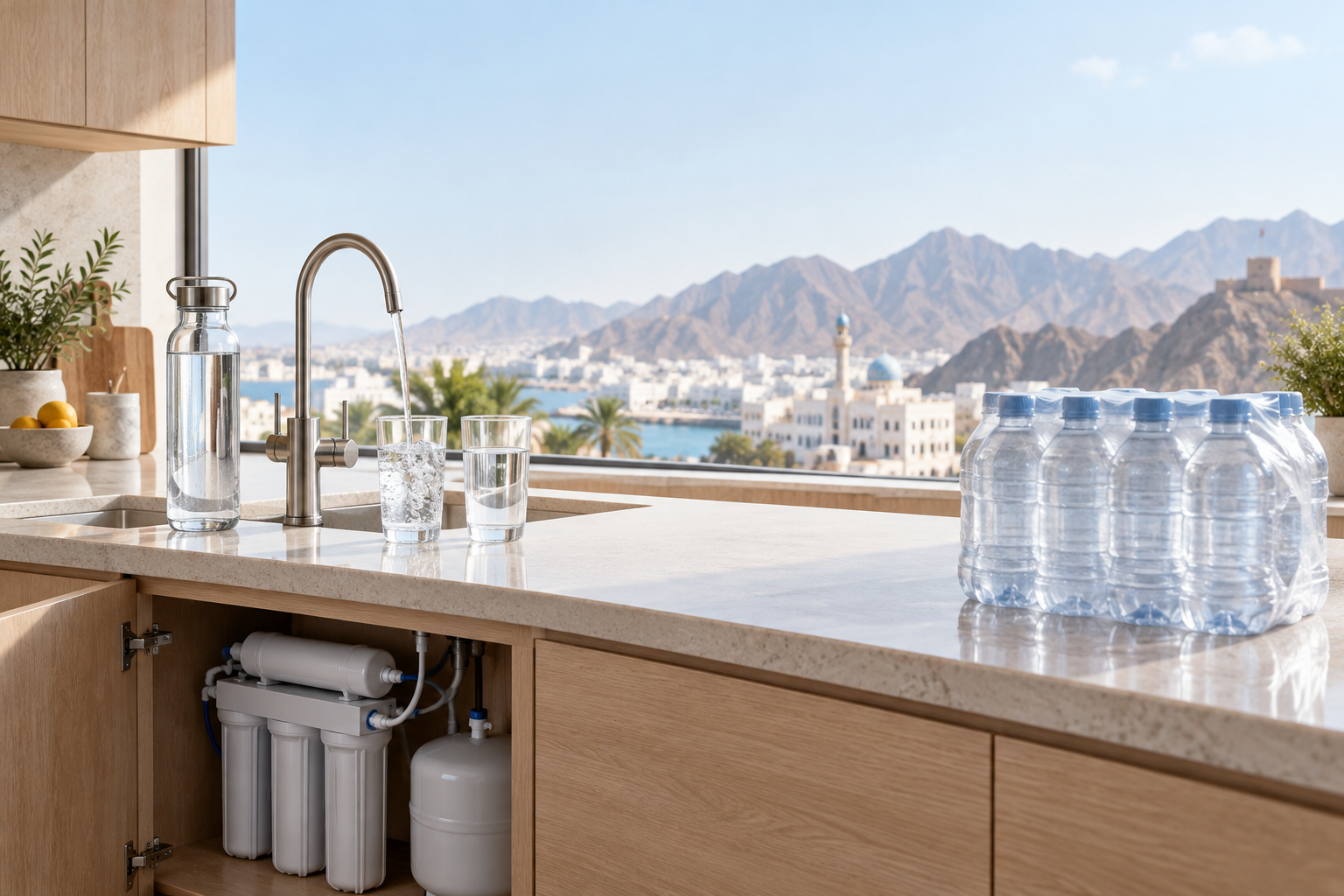 Water filter vs bottled water in Oman - filtered tap water and glass carafe beside packs of plastic bottles