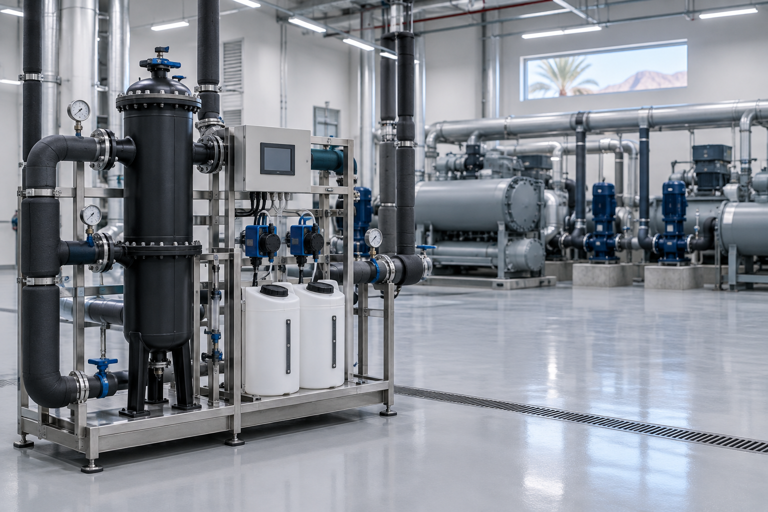 Side-stream filter and dosing skid for chilled water treatment in Oman commercial HVAC plant room