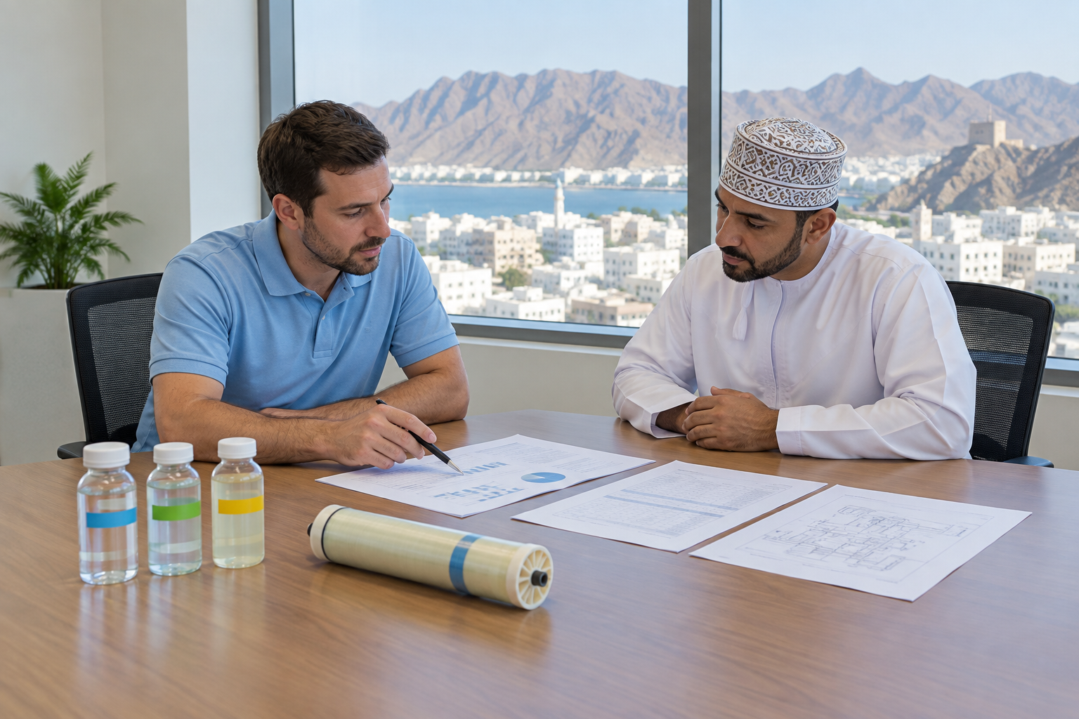 Engineer from a water treatment company in Oman reviewing a water analysis report with a client